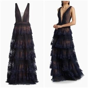 Marchesa Notte Tulle Floral-Embroidered Tiered Gown